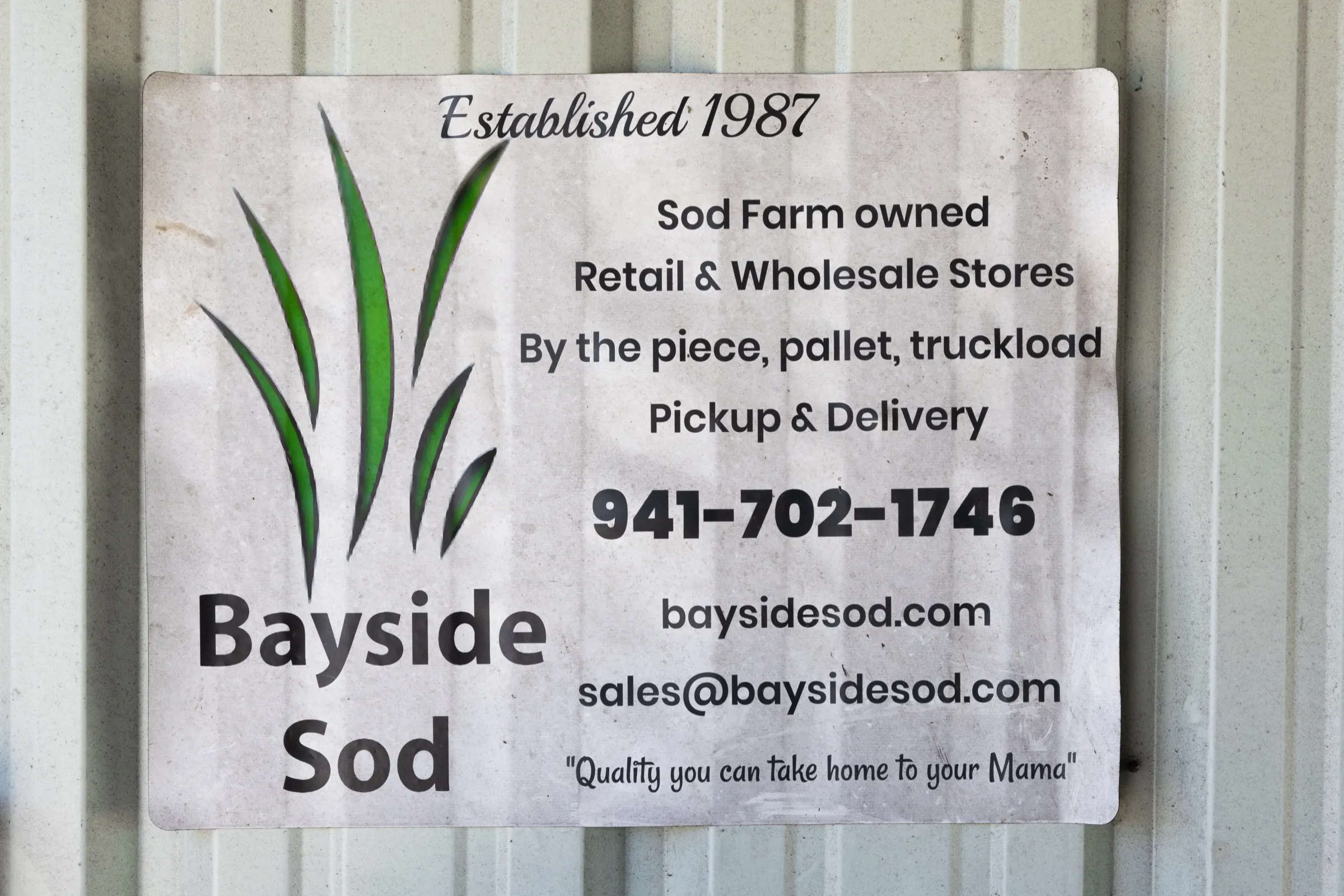 Bayside Sod farm store sign, established 1987, in Bradenton
